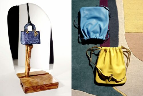 Double page L'Express diX : sac Lady Dior en denim sur miroir Pamukkale de Cinna, sacs à dos Hermès sur tapis Polia de Toulemonde Bochart