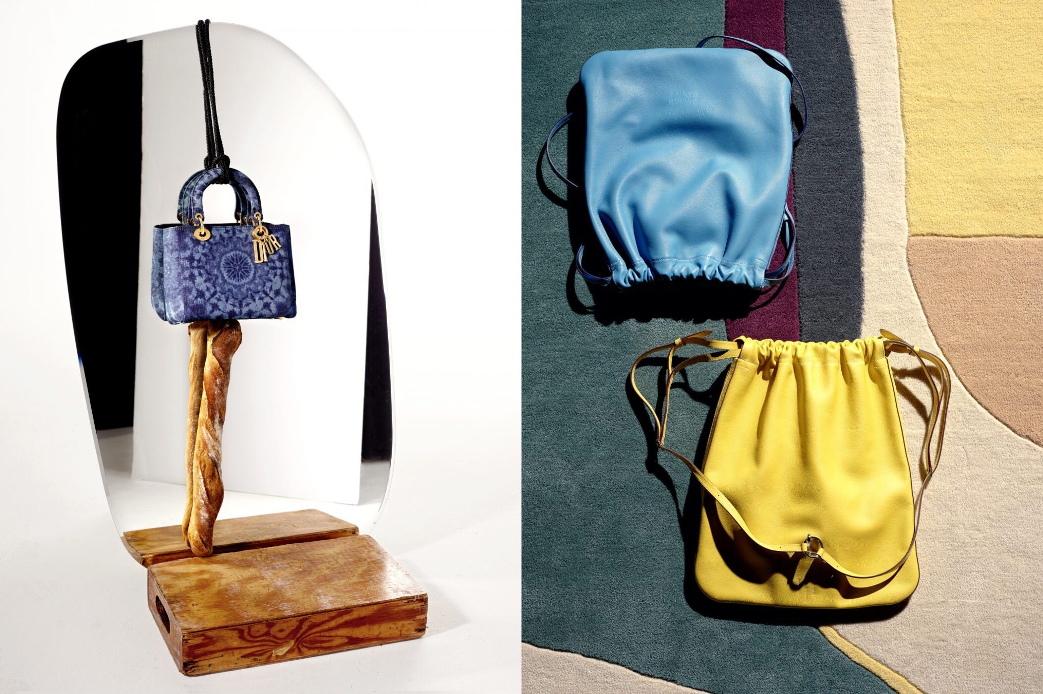 Double page L'Express diX : sac Lady Dior en denim sur miroir Pamukkale de Cinna, sacs à dos Hermès sur tapis Polia de Toulemonde Bochart